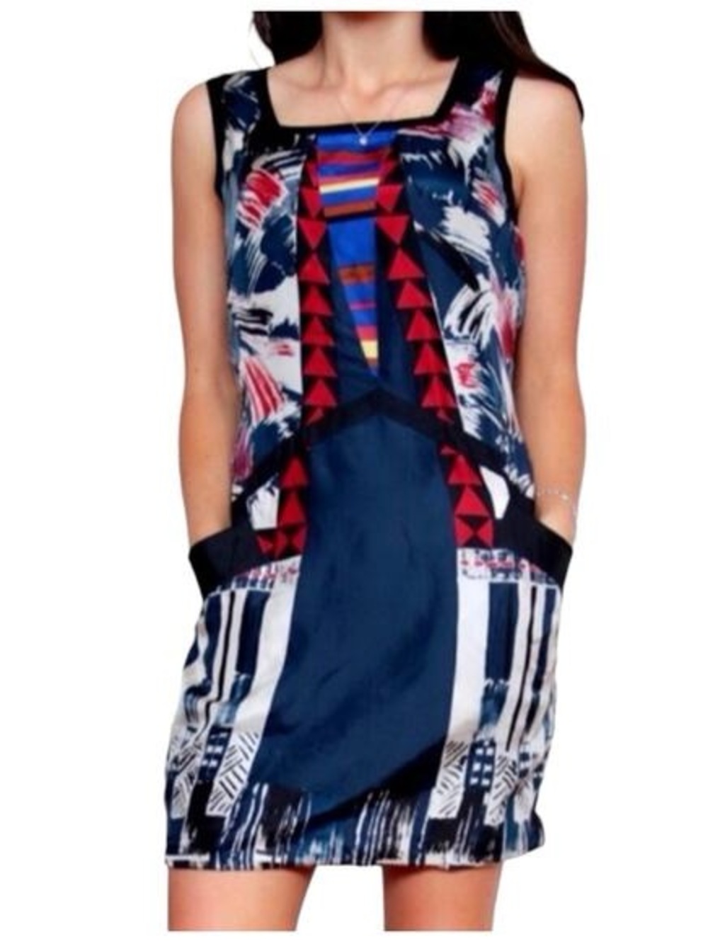 Twelve by Twelve Navy, Red, Cream Abstract Brushstroke Dress